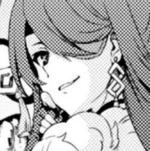 A close-up black and white photo of Beidou from Genshin Impact, looking over her shoulder at the viewer, smiling.