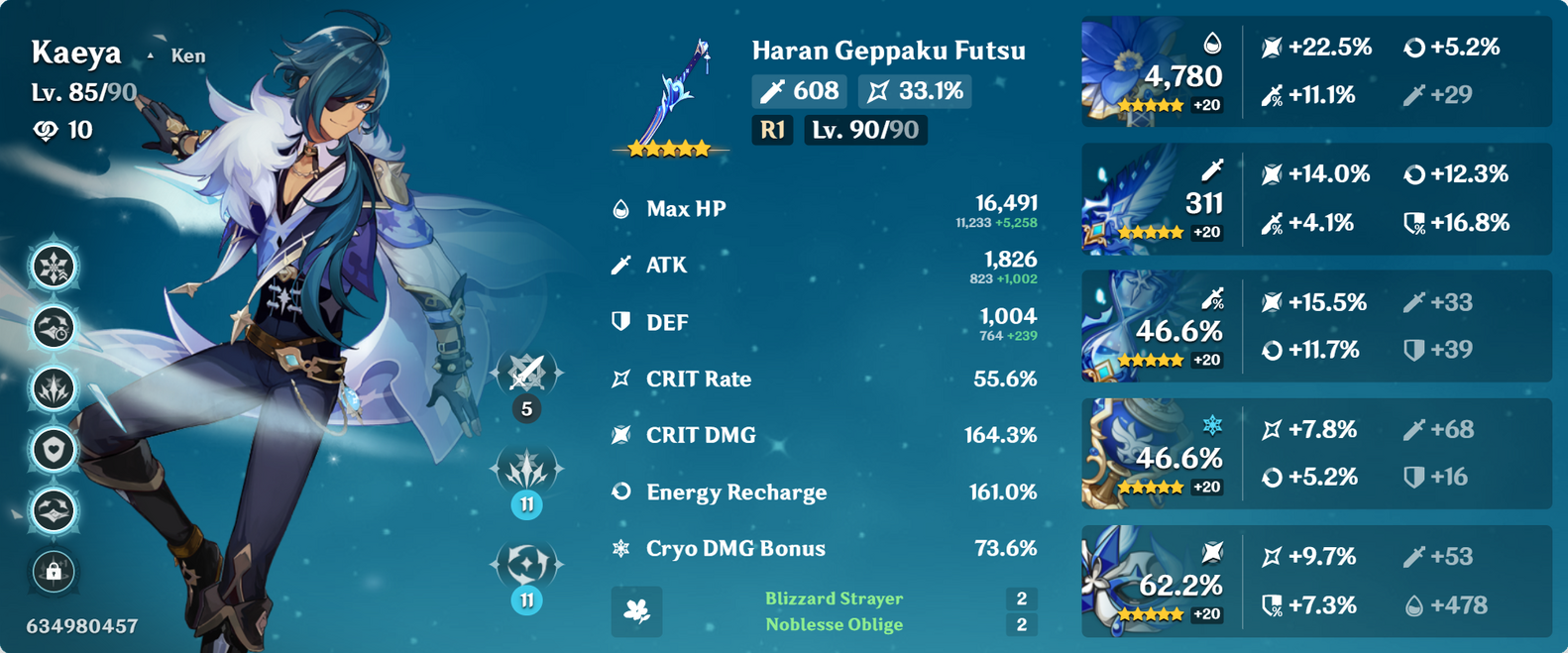 A visual of a Kaeya build from Genshin Impact.