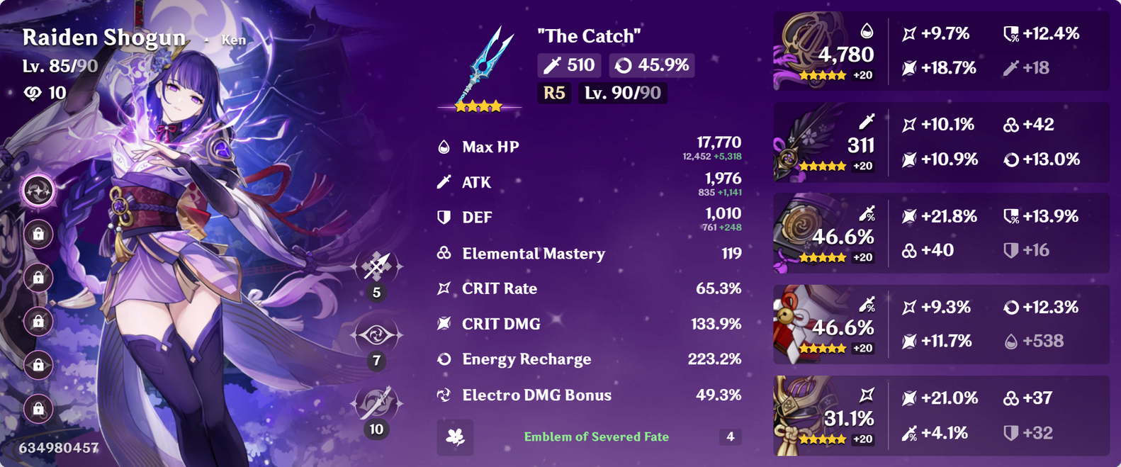 A visual of a Raiden Shogun build from Genshin Impact.